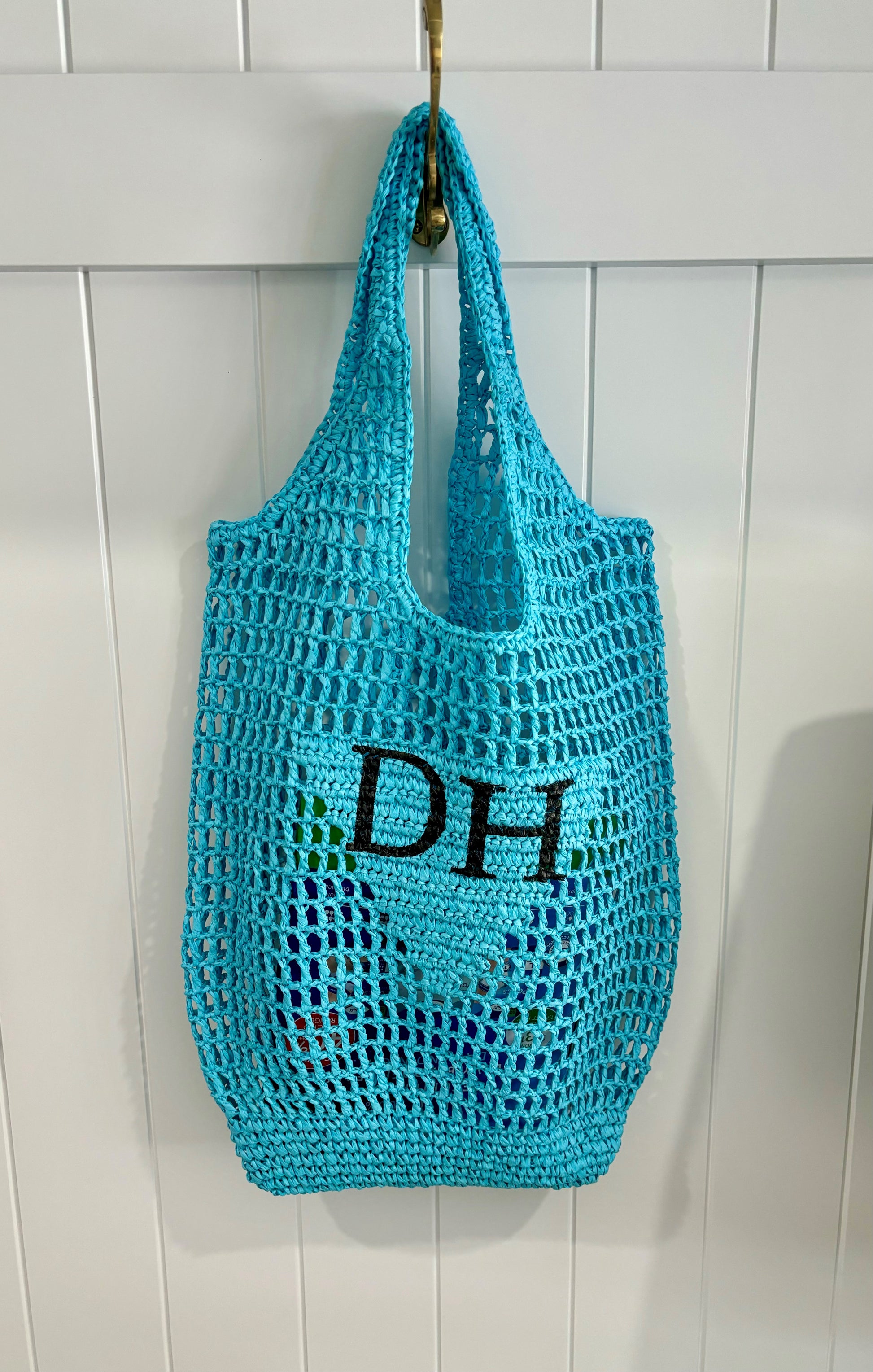 personalised blue raffia back with initials luxury woven