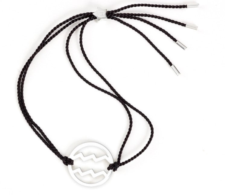 silver aquarius bracelet with black cord by koala blu