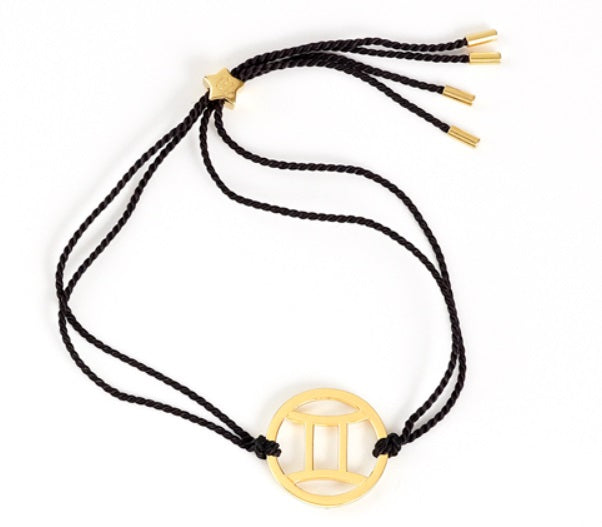 gold gemini zodiac bracelet with adjustable black cord