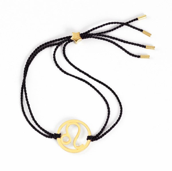 gold leo zodiac bracelet with adjustable black cord for men and women