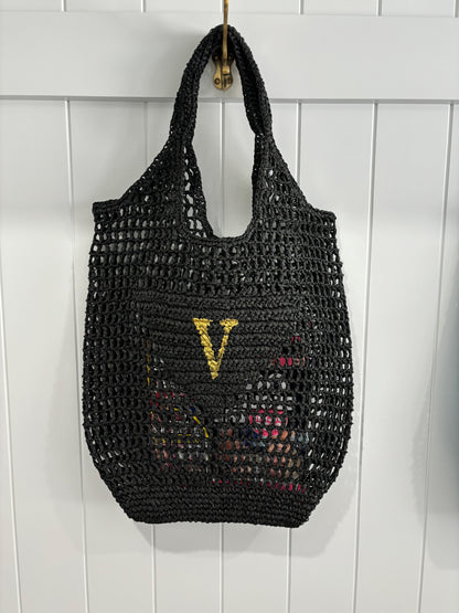 personalised black raffia bag with gold initials