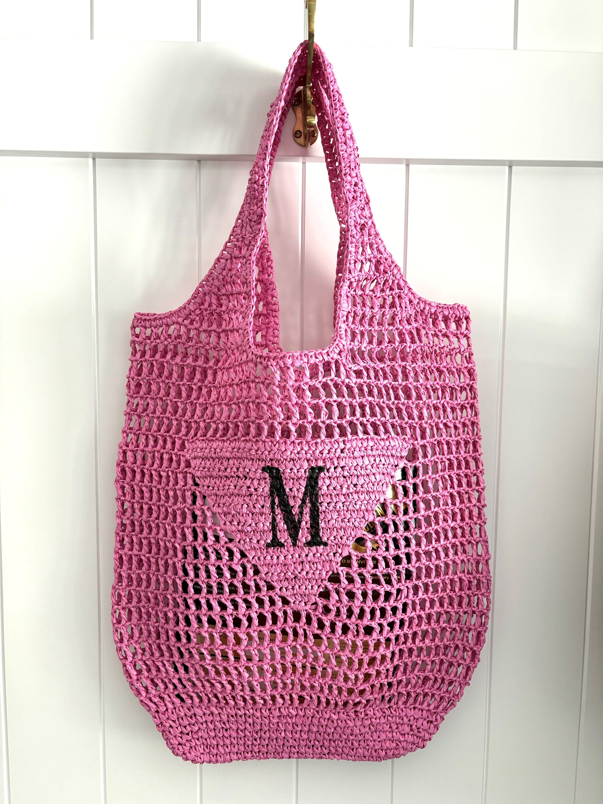 pink raffia bag with initials