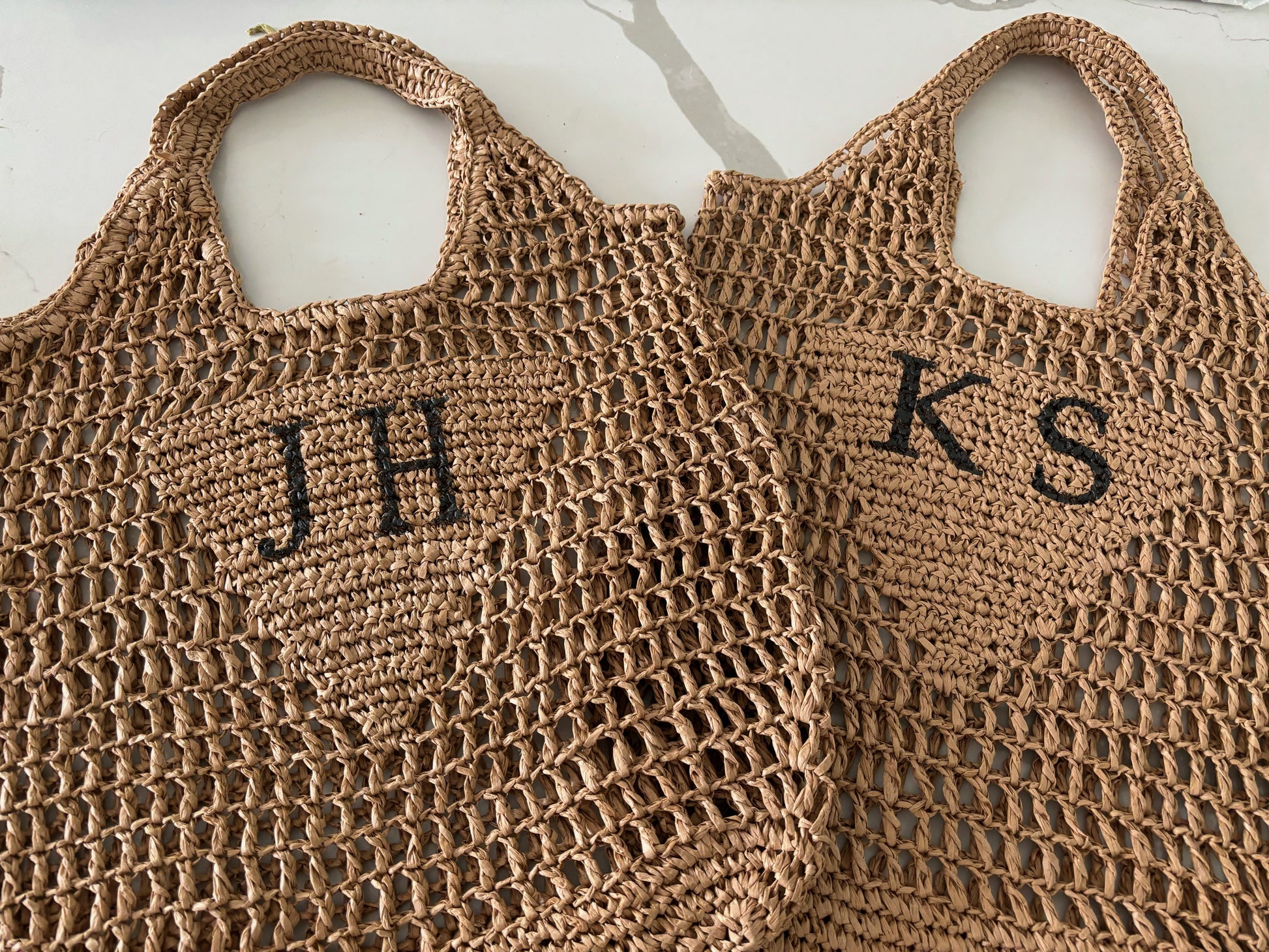 natural raffi bag with initials