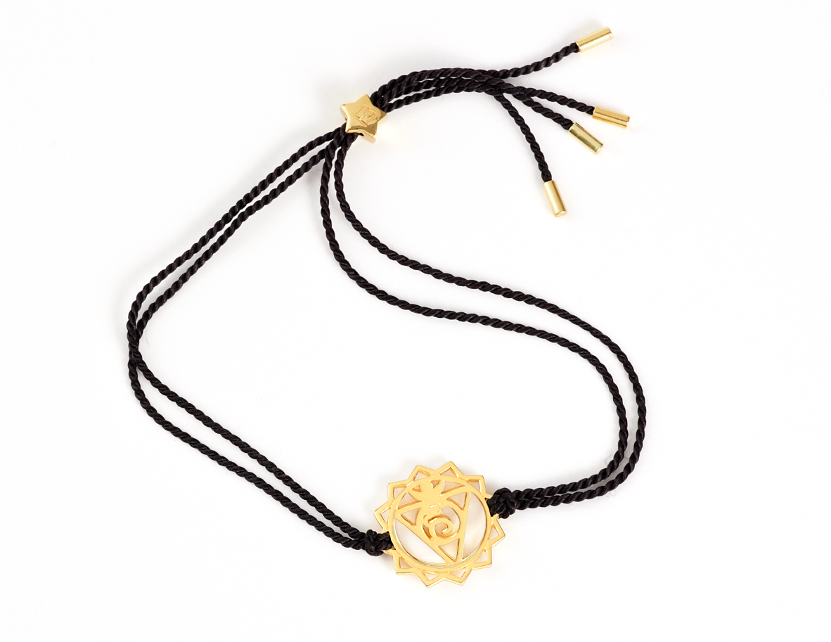 Men's throat chakra bracelet with black cord - gold plated