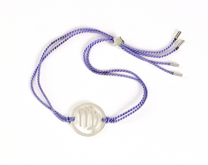 silver virgo start sign bracelet with lilac adjustable cord - shop all the latest zodiac bracelets